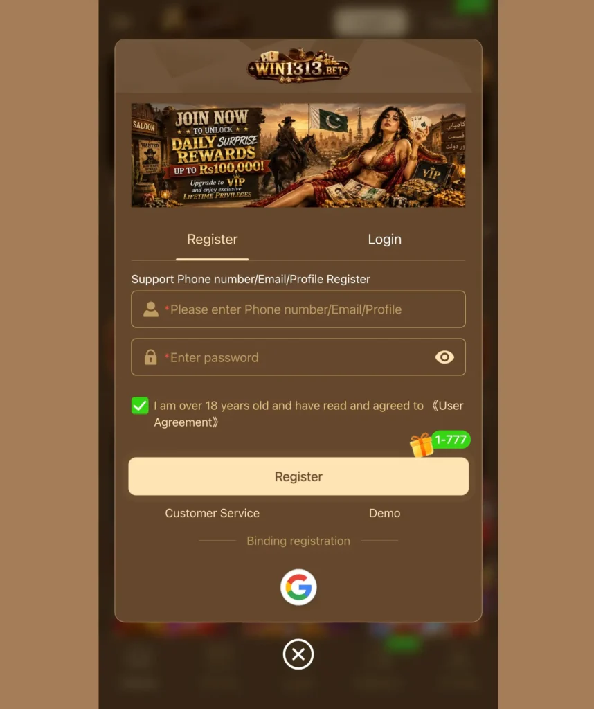 Registration process of the Win1313 game